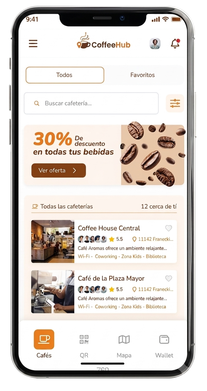 App CoffeeHub: explorar cafeterías