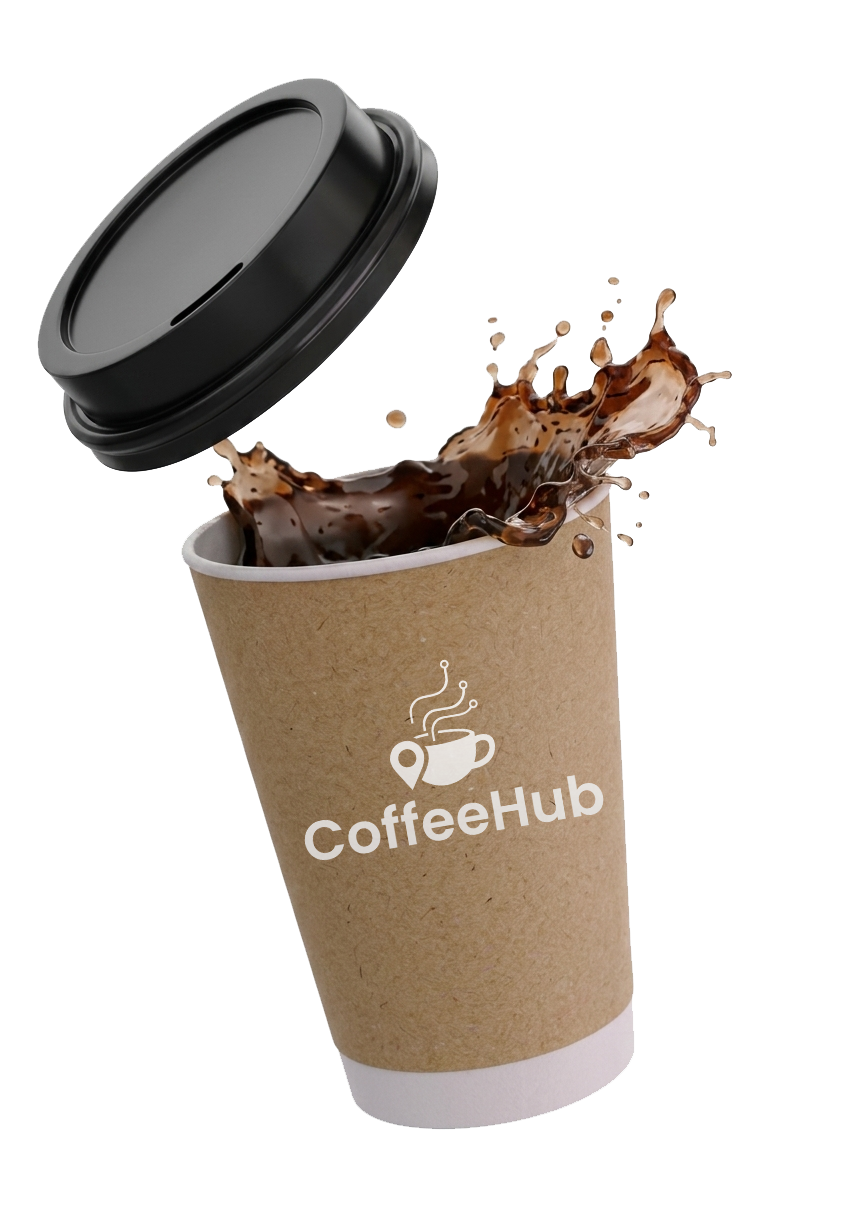 Taza de café CoffeeHub con café en movimiento